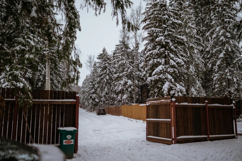 a couple of hot tubs sitting on top of a snow covered ground, by Marshall Arisman, pexels contest winner, graffiti, spruce trees, large gate, alaska, walking through a suburb