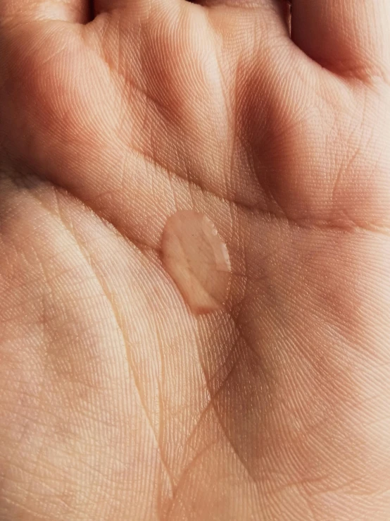 a close up of a person's hand holding something, by Jessie Algie, antipodeans, big drops of sweat, silicone skin, light tan, no skin shown
