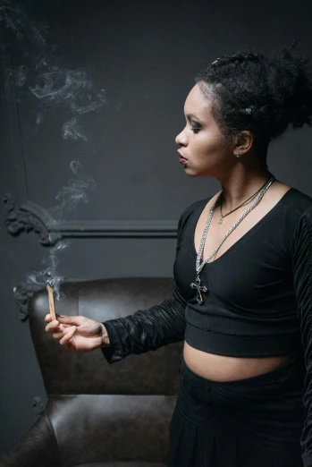 a woman in a black top smokes a cigarette, an album cover, inspired by Afewerk Tekle, pexels contest winner, renaissance, casting a protection spell, profile image, gothic clothing, african american