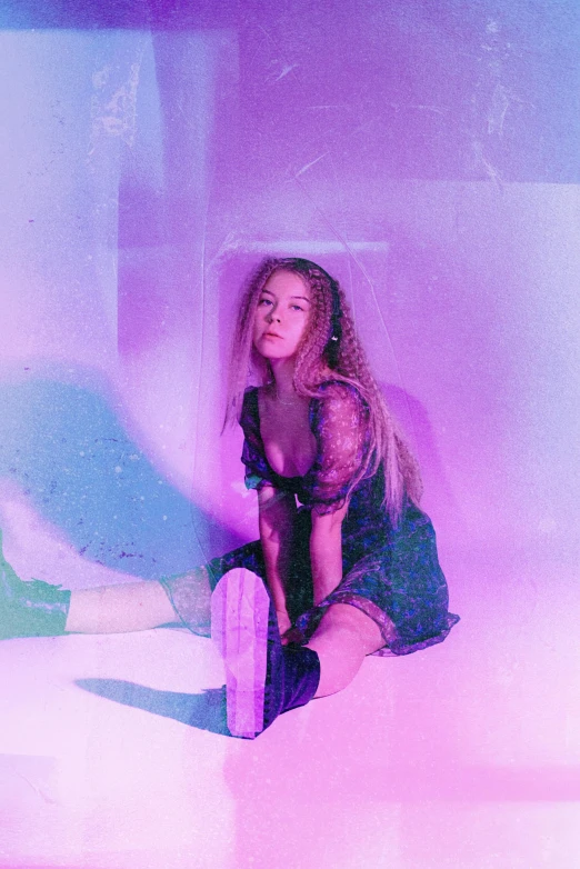 a woman sitting on the ground with a skateboard, an album cover, inspired by Elsa Bleda, renaissance, blackpink jennie, purple light, standing in a dimly lit room, profile pic