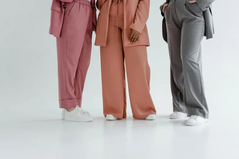 a group of three women standing next to each other, trending on pexels, baggy pants, pink and grey muted colors, subject detail: wearing a suit, ilustration