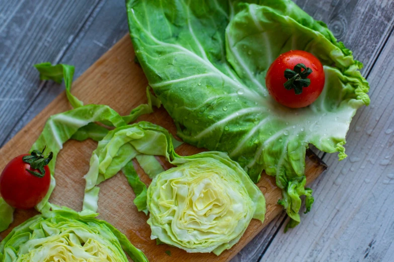 a wooden cutting board topped with lettuce and tomatoes, a picture, renaissance, folds of belly flab, thumbnail, shredded, listing image