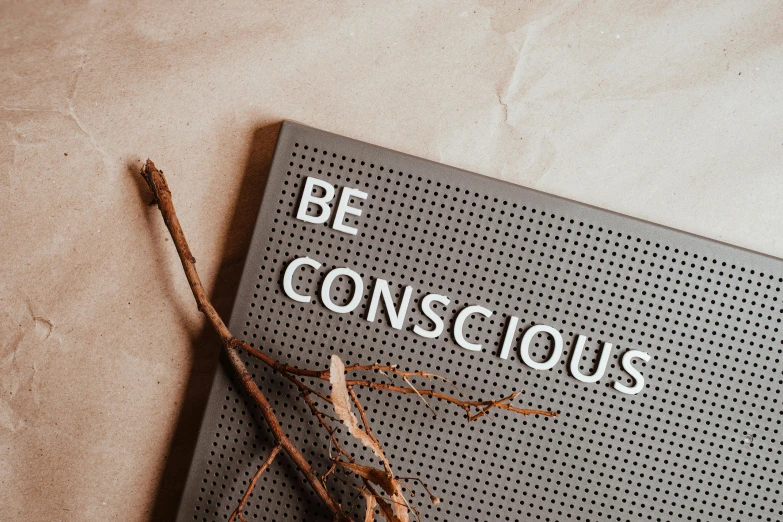 a book with the words be conscious written on it, trending on unsplash, conceptual art, connection rituals, brown, sustainable materials, weightlessness