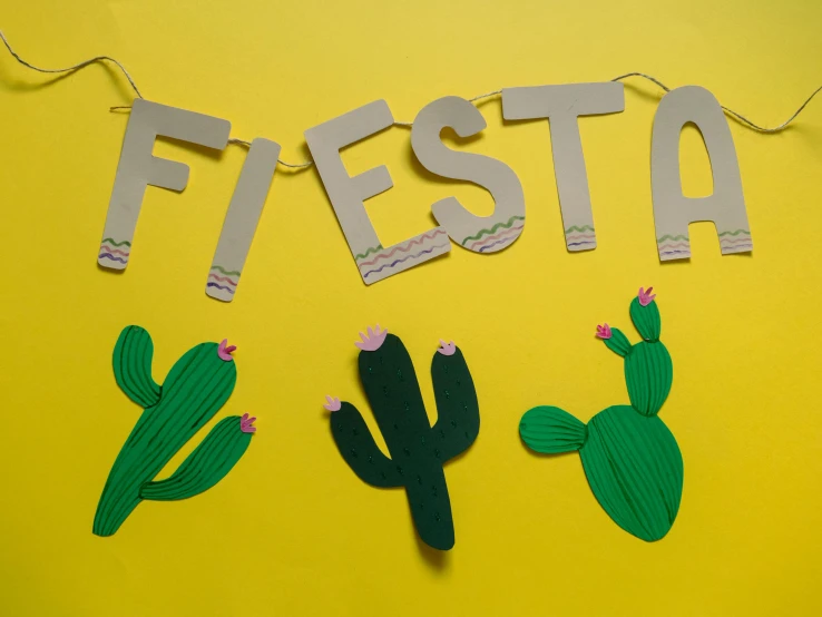 a sign that says fiesta hanging from a string, inspired by Esteban Vicente, papercraft, cacti, with names, thumbnail