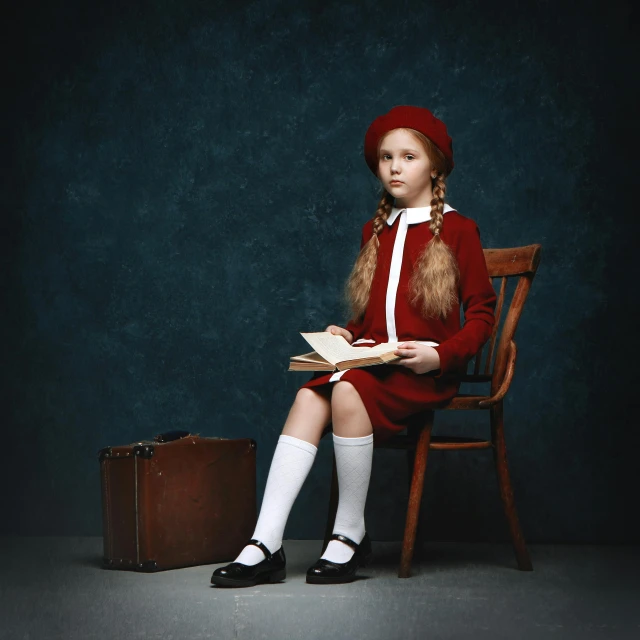 a little girl sitting in a chair reading a book, by Lucia Peka, art photography, dressed as schoolgirl, soviet style, high quality image, in suitcase