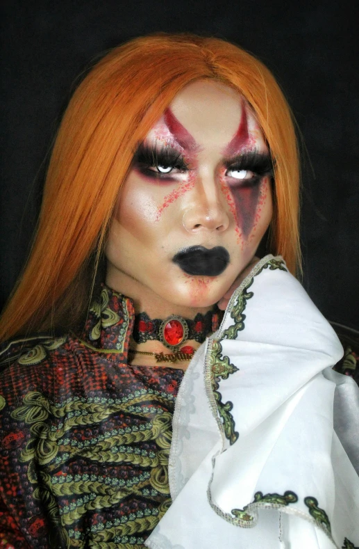 a close up of a person wearing a costume, an album cover, inspired by Sebastian Vrancx, reddit, international gothic, asian face, fiery palette, drag, singularity sculpted �ー etsy