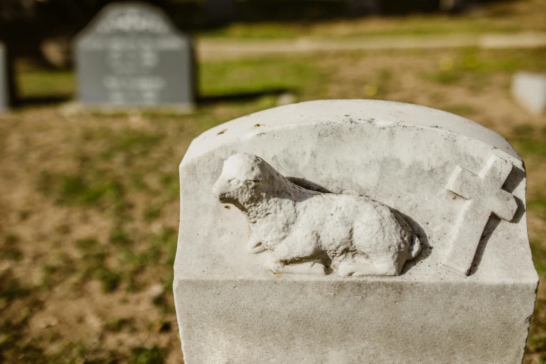 a close up of a tombstone with a dog on it, by Jessie Algie, unsplash, concrete art, ignant, preserved historical, over the shoulder, lamb and goat fused as one