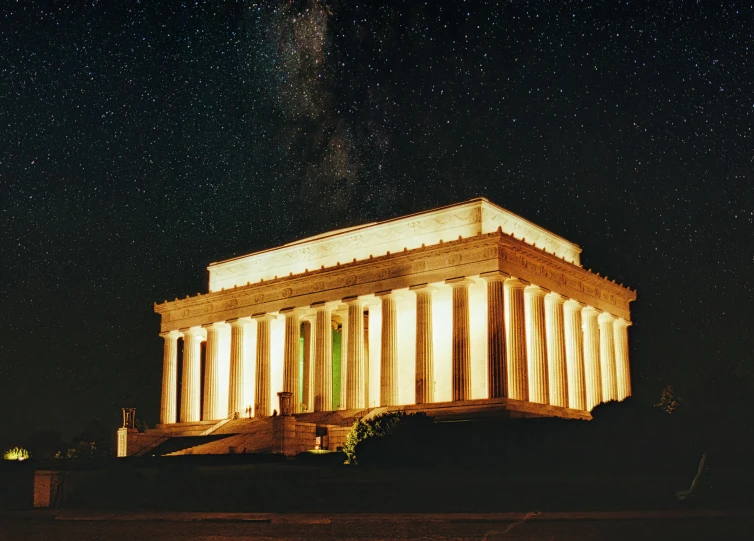 the lincoln memorial at night with the milky in the background, a colorized photo, unsplash contest winner, hurufiyya, taken in the 2000s, promo image, neo classical architecture, instagram photo
