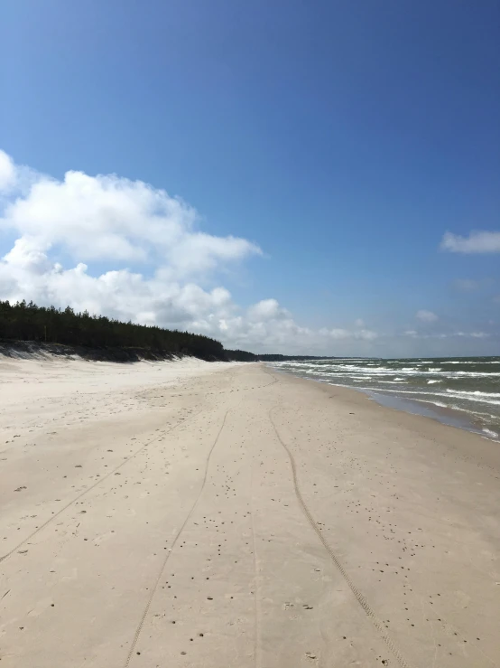 a sandy beach with footprints in the sand, by karolis strautniekas, capital of estonia, extremely handsome, road trip, with a long