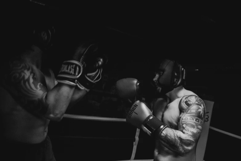 a couple of men standing next to each other in a boxing ring, a black and white photo, pexels contest winner, punching in a bag, muscular body tattooed, fighting fantasy style image, nighttime