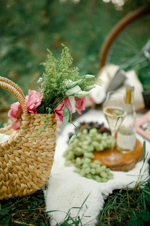 a picnic basket sitting on top of a grass covered field, roses and lush fern flowers, themed after wine