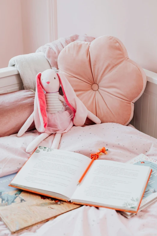 a book sitting on top of a bed next to a stuffed animal, inspired by Annabel Kidston, pexels contest winner, toned orange and pastel pink, small and cosy student bedroom, bloomy, lily