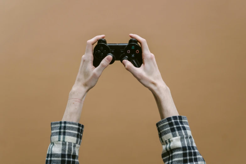 a person holding a video game controller in their hands, unsplash, avatar image, brown, minimalist photo, 🦩🪐🐞👩🏻🦳