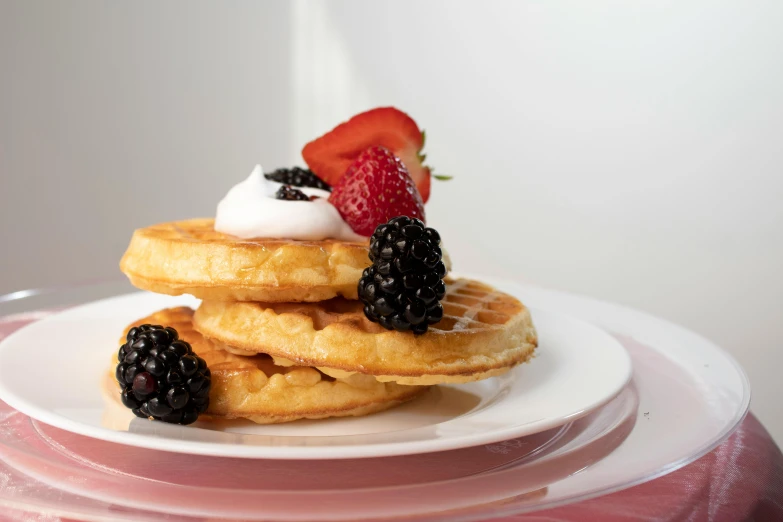 a stack of waffles topped with berries and whipped cream, a portrait, unsplash, romanticism, background image, 3 - piece, alternate angle, blender