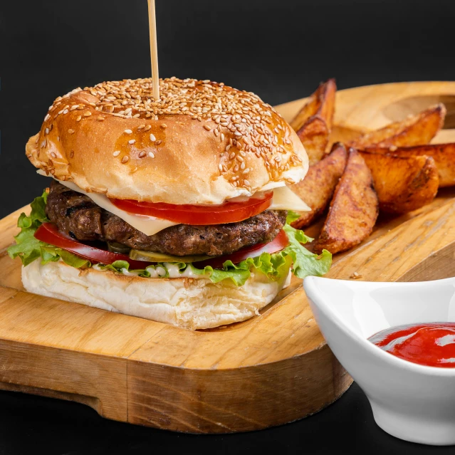 a hamburger sitting on top of a wooden cutting board next to fries, pexels contest winner, фото девушка курит, full body image, ƒ/5.6, small