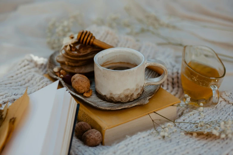 a cup of coffee sitting on top of a plate next to a book, a still life, pexels contest winner, honey and bee hive, brown and cream color scheme, hot cocoa drink, snacks