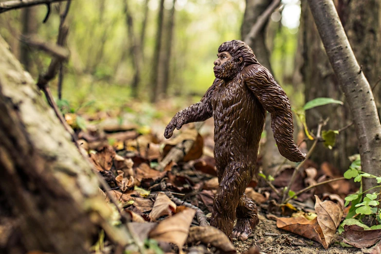 a statue of a bigfoot in the woods, an album cover, unsplash, figuration libre, 12in action figure, 🦩🪐🐞👩🏻🦳, ultra detailed photo, people and creatures walking