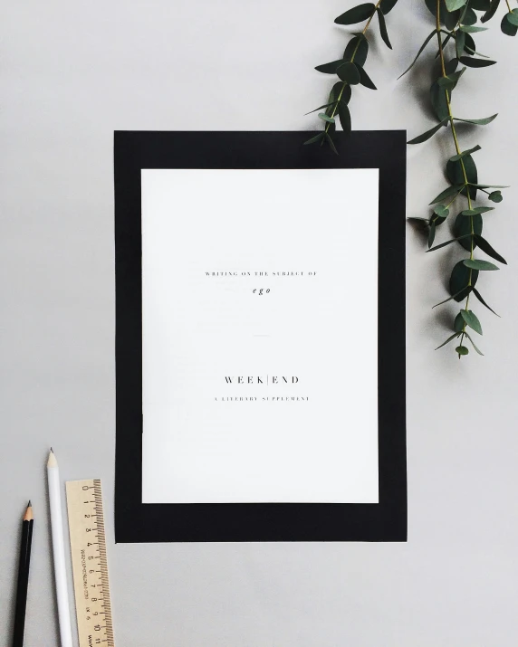 a book sitting on top of a table next to a plant, a poster, inspired by Wang E, featured on unsplash, black on white paper, paper border, wrapped in black, front on