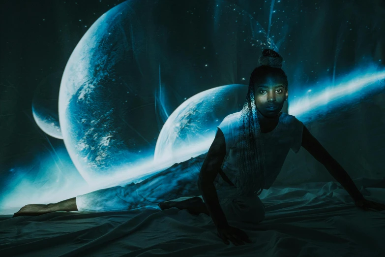 a woman laying on top of a bed in a dark room, a matte painting, pexels contest winner, afrofuturism, standing in outer space, dressed as an oracle, blue planet still, projections