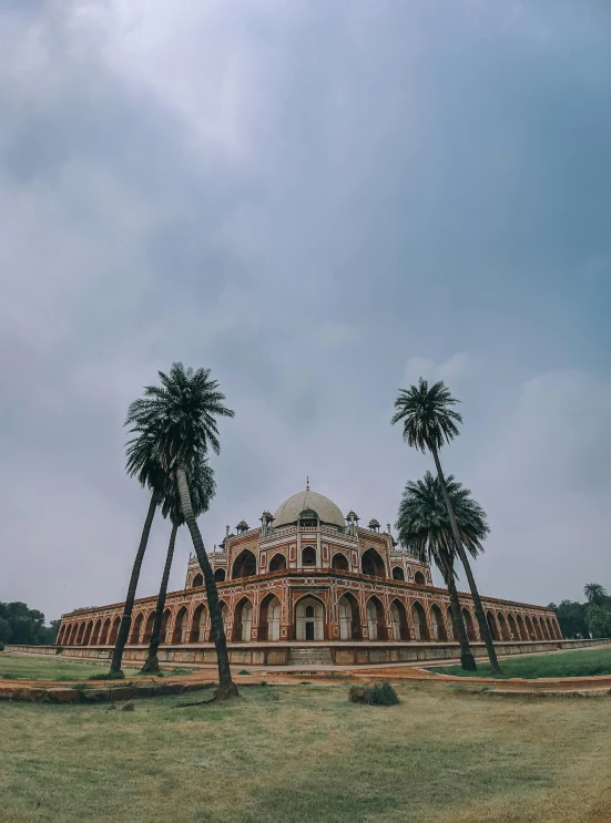 a building with palm trees in front of it, by Bernardino Mei, pexels contest winner, renaissance, beautiful futuristic new delhi, mausoleum ruins, panoramic, red building