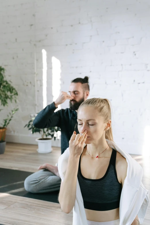 a man and a woman doing yoga together, pexels contest winner, renaissance, hand over mouth, low quality photo, profile image, botanical