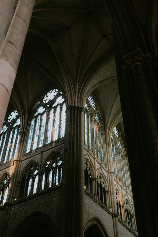 a view of the inside of a cathedral, unsplash contest winner, gothic art, soft glowing windows, ox, grey, brown