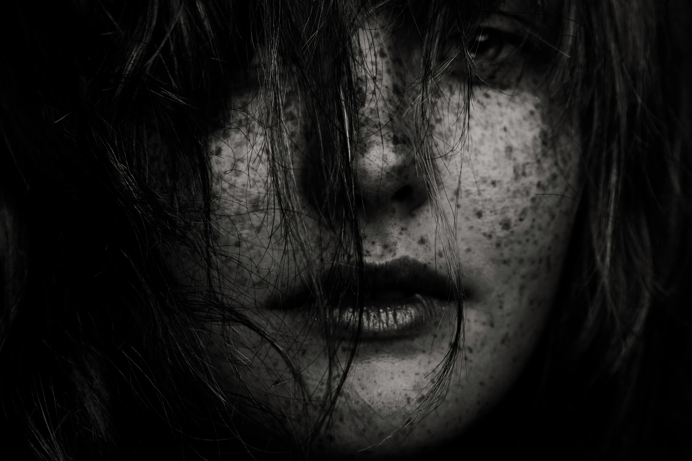 a close up of a woman with freckles on her face, a black and white photo, by Adam Marczyński, pexels contest winner, realism, messy black hair, covered with cobwebs and dust, realistic face, ginger hair with freckles