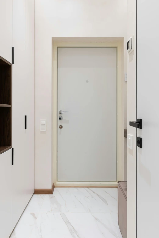 a hallway with white cabinets and a white door, pexels contest winner, bauhaus, full view blank background, фото девушка курит, marble hole, city apartment cozy calm