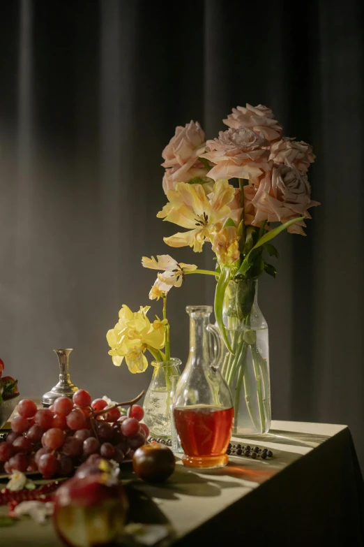 a table topped with vases filled with flowers and fruit, inspired by Henri Fantin-Latour, photorealism, translucent grapes, cinematic morning light, obscured underexposed view, baroque renaissance. medium shot