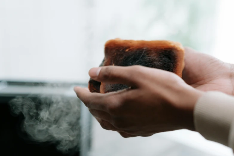 a person holding a piece of food in their hand, by Emma Andijewska, pexels contest winner, toaster, dry brush wash, smokey, soap