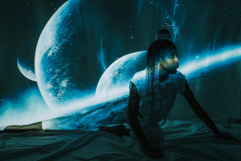 a woman sitting on top of a bed in a dark room, afrofuturism, planets and galaxies, projection mapping, dramatic white and blue lighting, a still of an ethereal