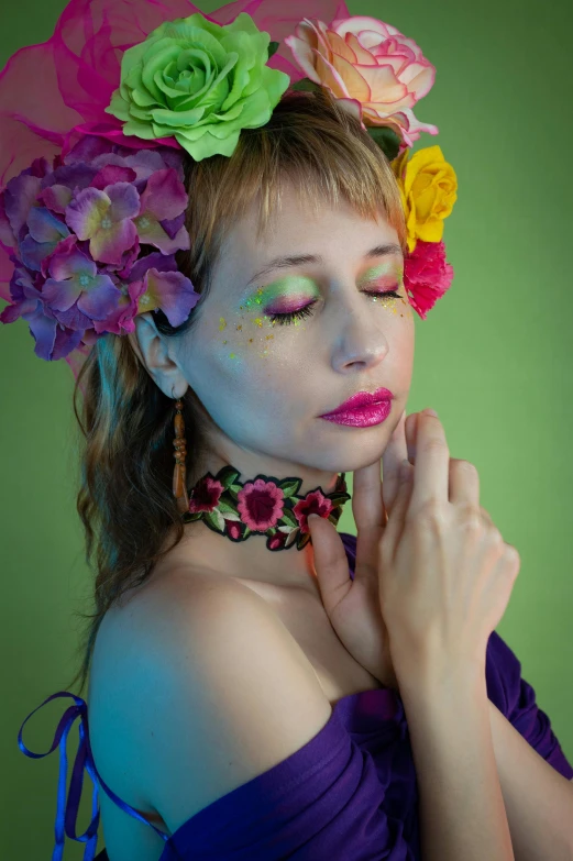 a woman in a purple dress with flowers on her head, an album cover, inspired by Alberto Seveso, trending on pexels, day - glow facepaint, green magenta and gold, ((portrait)), ukrainian