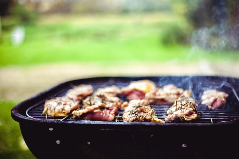 a close up of a grill with meat on it, by Joe Bowler, pexels contest winner, chicken feathers, pot, summer feeling, thumbnail