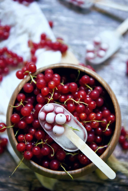 a wooden bowl filled with lots of red and white berries, by Julian Allen, candy treatments, vanilla, pale, soft mood