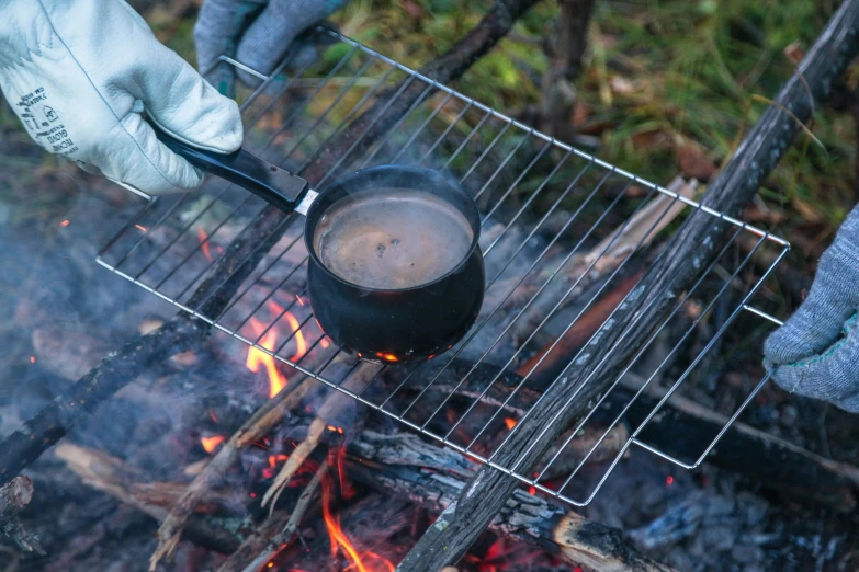 a person holding a frying pan over an open fire, cold brew coffee ), grid, thumbnail, yuru camp