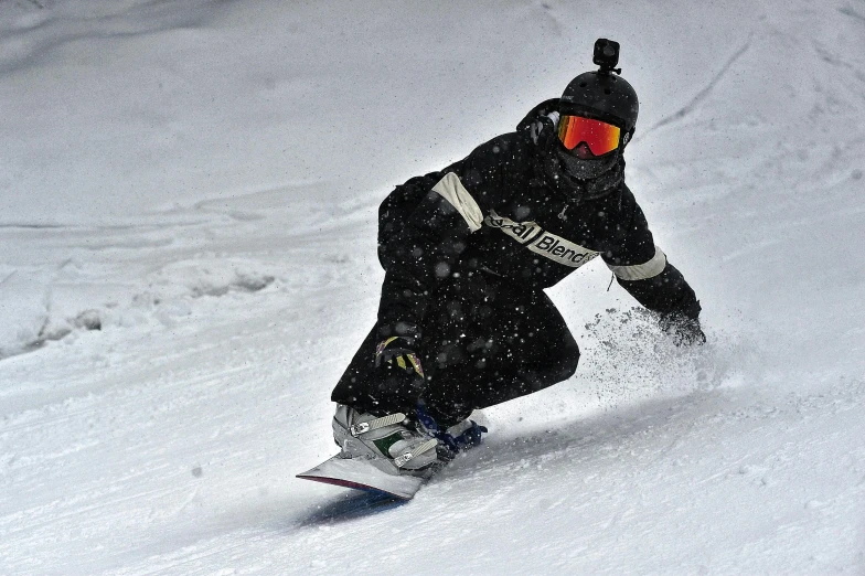 a man riding a snowboard down a snow covered slope, profile image, balaclava, mechanised, taken in 2 0 2 0