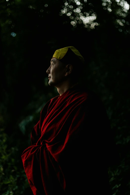 a man wearing a red robe and a yellow hat, a portrait, inspired by Li Di, unsplash, sumatraism, in a dark forest, bhutan, profile image, priest