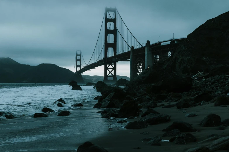 a view of the golden gate bridge from the beach, inspired by Thomas Struth, pexels contest winner, surrealism, ominous evening, 2 5 6 x 2 5 6 pixels, grey, arch