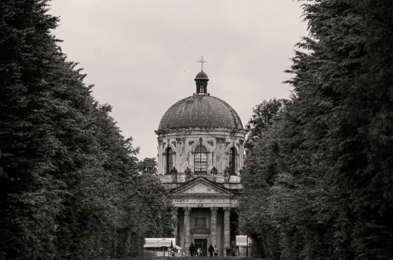 a black and white photo of a church surrounded by trees, by Maksimilijan Vanka, pexels contest winner, baroque, rotunda, saint petersburg, frontal picture, brown