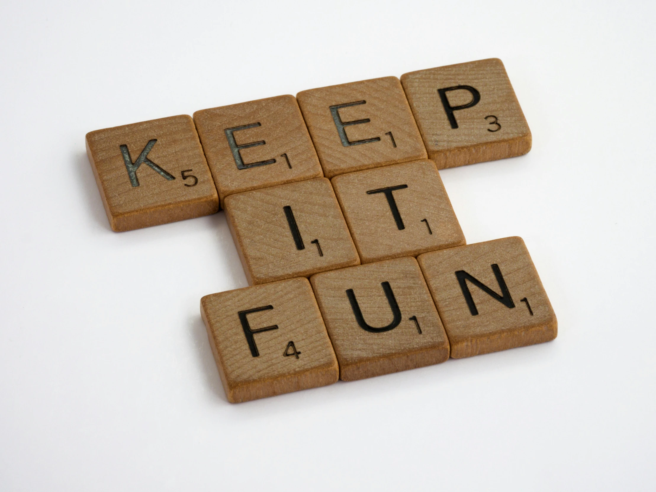 wooden scrabbles spelling keep it fun, tan, illustratioin, thumbnail,