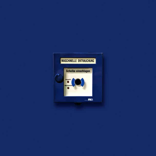 a close up of a button on a blue wall, a digital rendering, les automatistes, emergency countermeasures, royal-blue, product picture, system unit