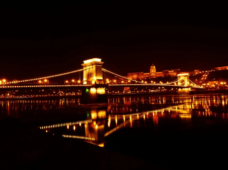 a bridge over a body of water at night, by Adam Szentpétery, pexels contest winner, hungarian, panoramic, fan favorite, medium format. soft light