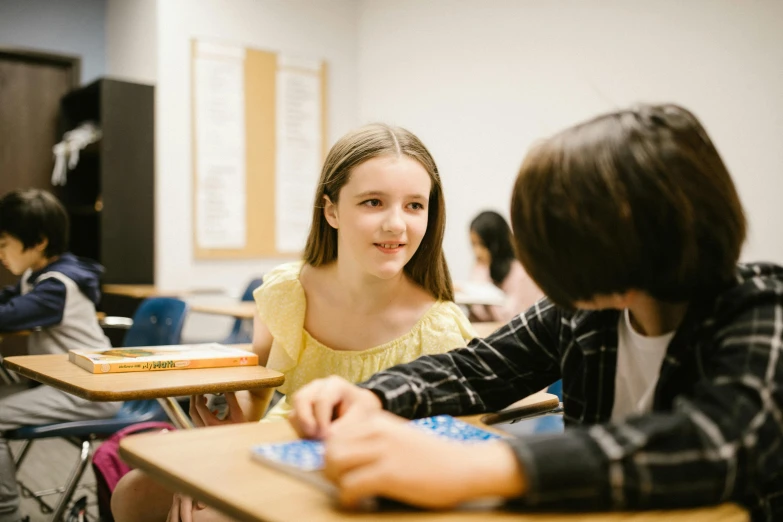 a boy and a girl sitting at desks in a classroom, pexels contest winner, board games on a table, teenage girl, lachlan bailey, smiling at each other