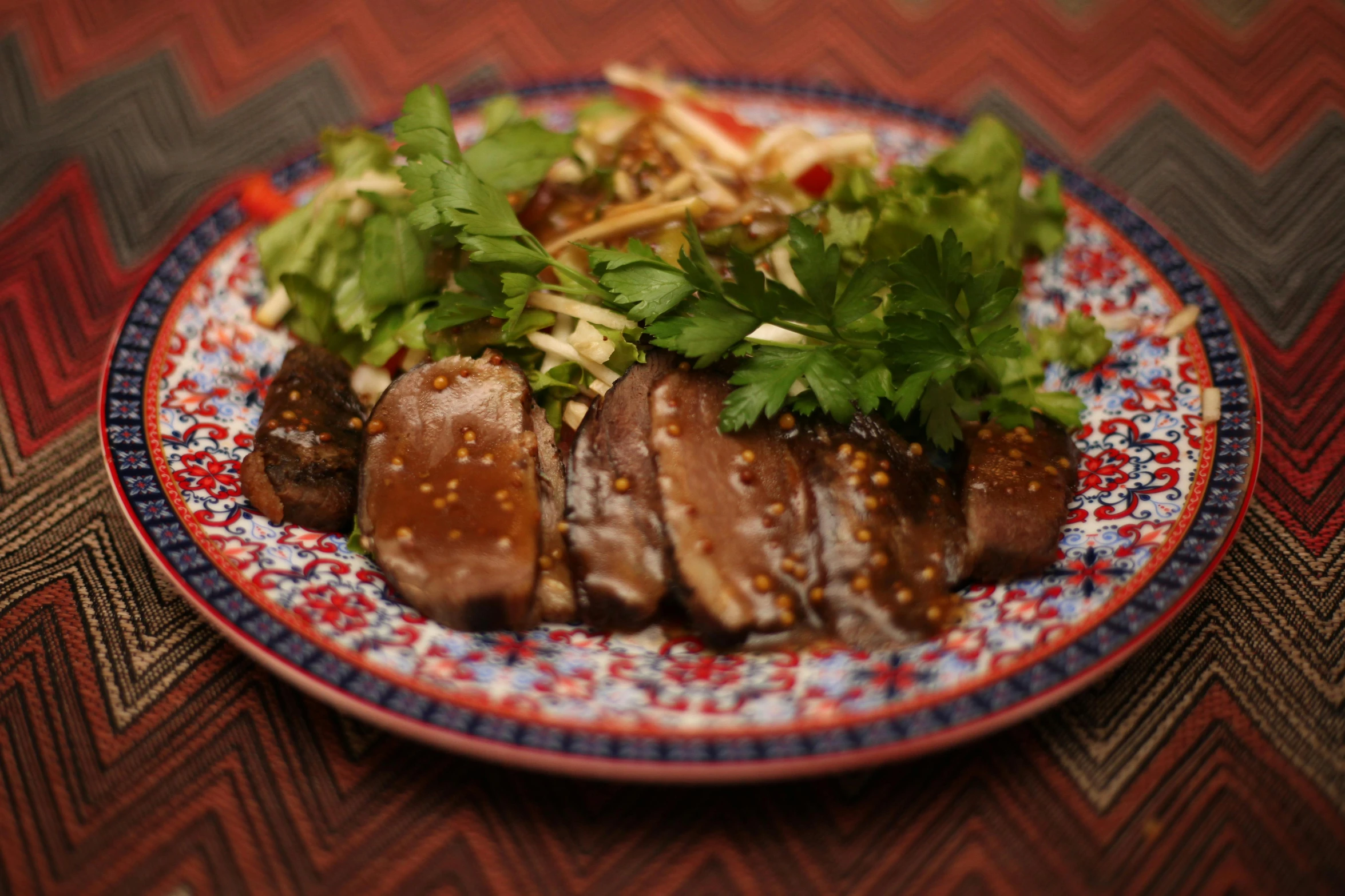 a close up of a plate of food on a table, nuttavut baiphowongse, duck, profile image, salad