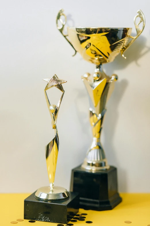 a couple of trophies sitting on top of a table, epic award winning, the stars, bright natural light, gold