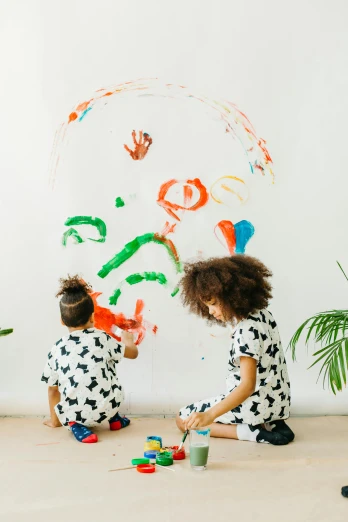 two children sitting on the floor playing with paint, inspired by Joan Miró, trending on pexels, action painting, painted on a giant wall, white background, flowers, kano)