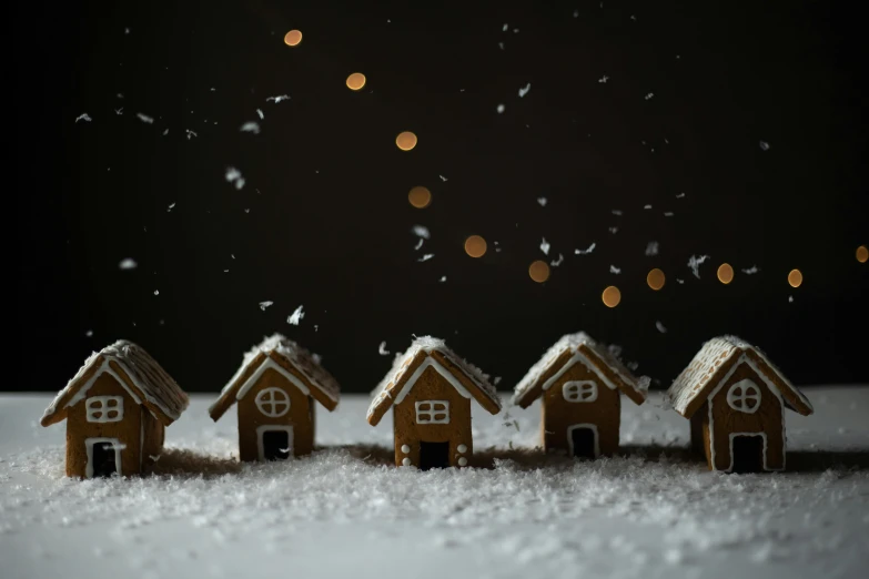 a group of small houses sitting on top of a snow covered ground, pexels contest winner, conceptual art, christmas lights, on black background, cottage close up, ready to eat