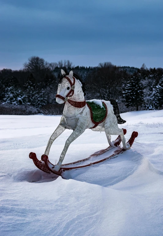 a rocking horse in the snow with trees in the background, a statue, inspired by Sylvia Sleigh, shutterstock contest winner, folk art, slide show, profile image, bossons vintage chalkware, made out of shiny white metal