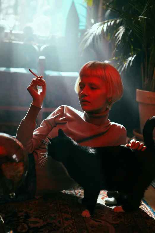 a woman sitting on a couch smoking a cigarette, inspired by roger deakins, magic realism, with short bobbed white hair, with cats on her side, disco club of the occult, very moody lighting