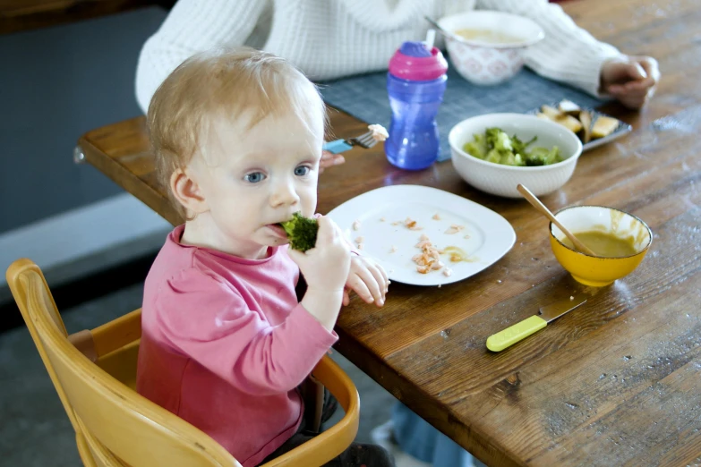 a baby sitting in a high chair eating a piece of broccoli, inspired by Elsa Beskow, unsplash, on wooden table, square, people inside eating meals, mason